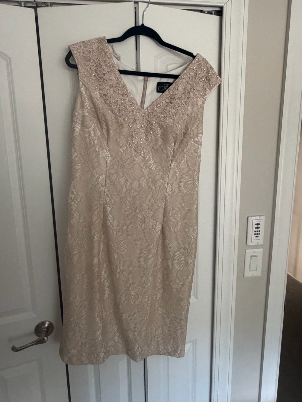 Alex Evenings Beaded Lace V-Neck Midi Dress in Blush Nude